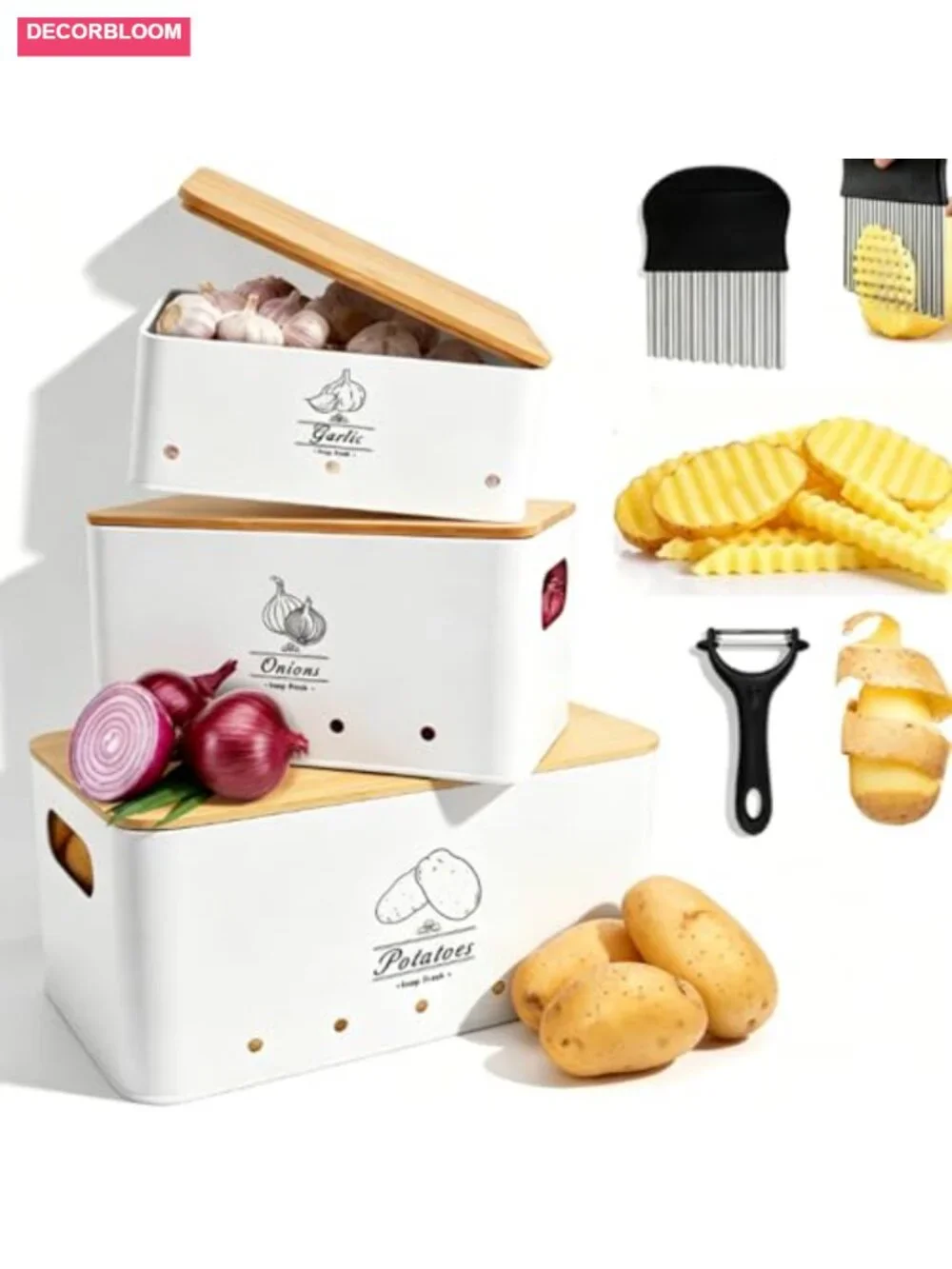 5 Piece Kitchen Food Storage Set Potato Onion Garlic Bins with Peeler and Cutter